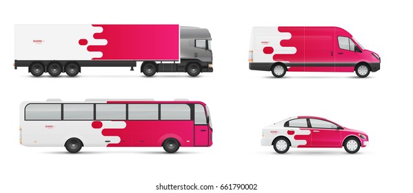 Design branding vehicles for advertising and corporate identity. Mock up for transport. Passenger car, bus and van. Graphics elements with modern geometric style.