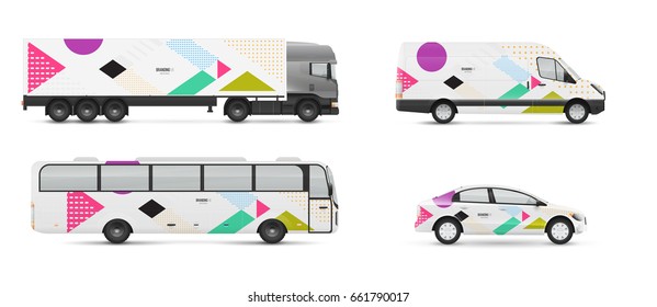 Design branding vehicles for advertising and corporate identity. Mock up for transport. Passenger car, bus and van. Graphics elements with modern geometric style.