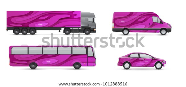 Design branding vehicles for\
advertising and corporate identity. Mock up for transport.\
Passenger car, bus and van. Graphics elements in modern paper\
style.