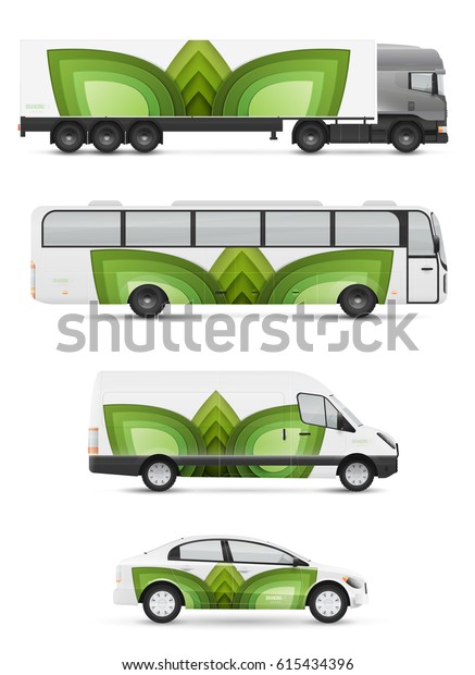 Design branding vehicles for\
advertising and corporate identity. Mock up for transport.\
Passenger car, bus and van. Graphics elements with paper green\
leaves.