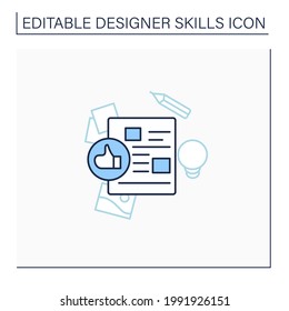 Design brief line icon. Document with core details of upcoming design project. Goals, scope, and strategy list.Designer skills concept. Isolated vector illustration. Editable stroke