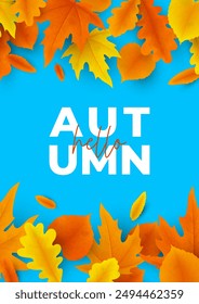 Design of bright autumn flyer. Vector illustration with colorful leaves on blue background. Autumn banner for decoration seasonal discount offer, advertising, poster, banner, web, social media.