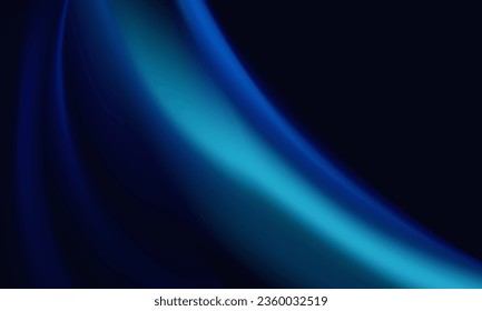 Design of bright blue wavy wallpaper for landing pages. Horizontal water fluid dark background with gradient defocused dynamic curves. Layout of widescreen empty abstract banner with copy space