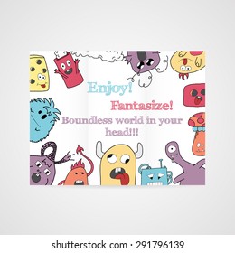 Design of brochure with abstract monsters pattern. Vector illustration.