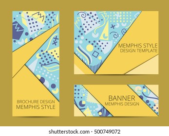 Design brochure in memphis style. Geometric memphis pattern banner and flyer. Brochure design template. Vector illustration.