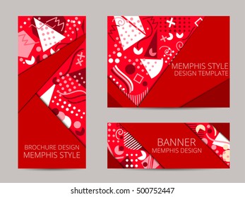 Design brochure in memphis style. Geometric memphis pattern banner and flyer. Brochure design template. Vector illustration.