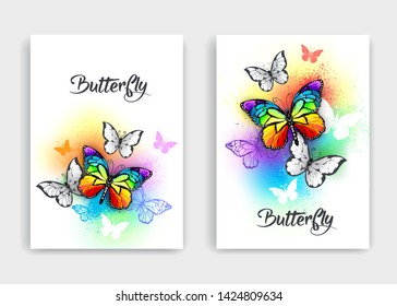 Design for brochure of realistic rainbow and white butterflies on light iridescent background, spattered with colored drops of paint.