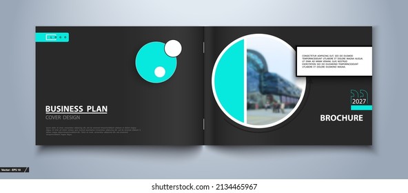 Design of brochure red and black, A4 size. Business information banner frame. Annual report. Set, cover, circles, template and postcards. Office, buildings, city. Logo icon. Text, postcard. Quotes
