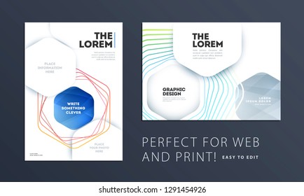 Design of brochure smooth soft template. Creative abstract set, annual report, horizontal cover, flyer in A4 with colourful lines waves for branding, exhibition. Business vector presentation.