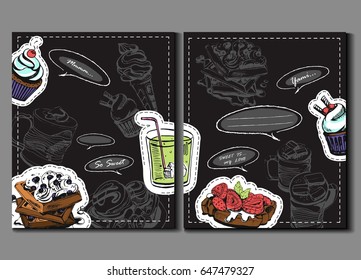 Design for brochure, website, book, copybook or flyers. Vector Illustration with drinks, cupcakes and waffles. Can Be Used For Marketing, Website, Print And Presentation.
