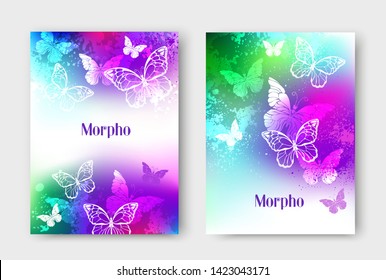 Design for brochure with white butterflies on bright, iridescent background, stained with colorful paint. Vector illustration template in A4 size.