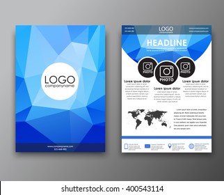 Design brochures (flyers) front and back pages, with a polygonal blue background and place for logo. Vector illustration.