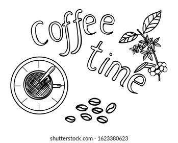 Design of brochures and invitations for cafes, restaurants, bakeries. Coffee tree branch with berries. A cup of coffee with a spoon. Typographic vector.
