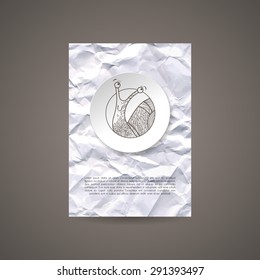 Design of brochures, leaflets, business cards on crumpled paper with the image of a fun snail