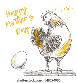 Design with brood-hen on white background. Happy Mother s day. Hand drawn. Hen looks with tenderness and love for its egg. Picture of vector for your design. Handmade illustration.