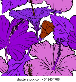 Design in brown and violet colors for invitation, wedding or greeting cards. Floral seamless pattern with hibiscus flowers. Vector hibiscus floral pattern. Watercolor hand drawing on white background.
