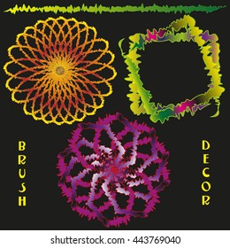 A design brush and objects for processing one frame and complex flowers on a black background vector illustration