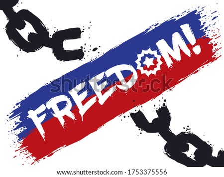 
Design in brush stroke style with Juneteenth flag, freedom message and broken chains symbolizing American slaves liberation.