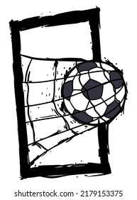 Design in brushstroke style with bold frame and soccer ball entering in a goal net.