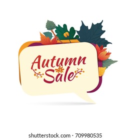 Design Bubble Banner With Autumn Sale Logo. Discount Card For Fall Season With White Frame And Herb. Promotion Offer With Autumnal  Oak Plant, Maple Leave And Flowers Decoration. Vector 