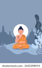 Design Buddist Monk Sit on the Grass Flat Illustration