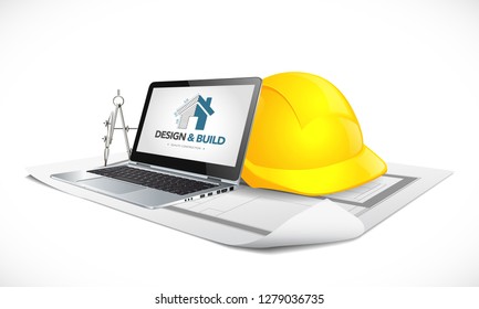 Design and build - house construction concept - architect computer tools