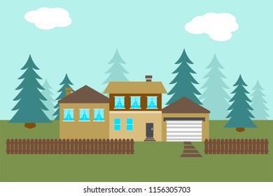 design of buildings architecture vector on the street house with fence windows and forest in nature for advertising construction