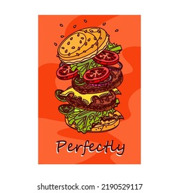 Design With Burger And Sauce. Vivid Brochures For Fast Food Cafe Or Restaurant. Unhealthy Meal And Nutrition Concept. Template For Promotional Leaflet Or Flyer