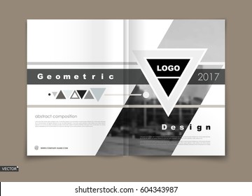 Design for business brochure cover, info banner frame, title sheet model set, flyer mockup or ad text font. Modern vector white front page art with urban city texture. Black triangle figure logo icon