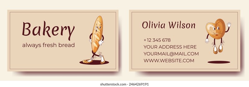 The design of a business card for a bakery with the characters of a baguette and a bun.Whimsical bread and baguette cartoon mascots on custom bakery business cards.