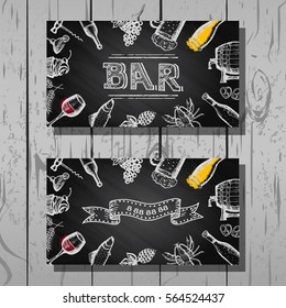 Design business card of bar and restaurant, beer and wine set, chalkboard background