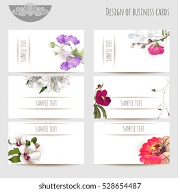 Design of business cards with floral elements and sample text, vector