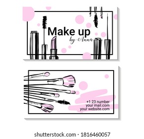 Design of business cards for makeup artist. Business card with brushes and makeup tools. Hand drawn line art sketch for cosmetic products