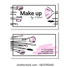 Design of business cards for makeup artist. Business card with brushes and makeup tools. Hand drawn line art sketch for cosmetic products