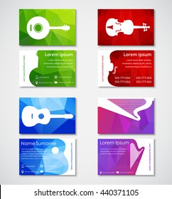 Design of business cards for musicians or music stores. Polygonal colorful templates with a guitar, harp, banjo and violin. Vector illustration. Set.