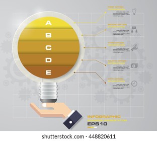 Design Business Chart with 5 Steps Diagram in Light Bulb Shape and business man hand holding. EPS 10.