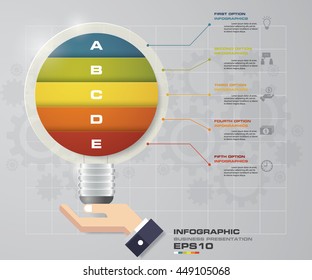 Design Business Chart  with 5 Steps Diagram in Light Bulb Shape and business man hand holding. EPS 10.