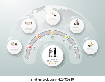 Design business circle infographic, Business template 5 options, can be used for workflow layout, diagram, number options, timeline, milestones.