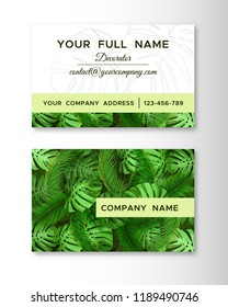 Design for business or invitation card with green tropical leaves. Template in tropical style.