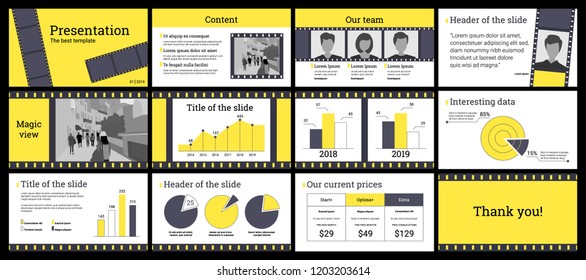 Design of a business presentation template in yellow and grey. Vector set of infographic elements for marketing, advertising or annual report.