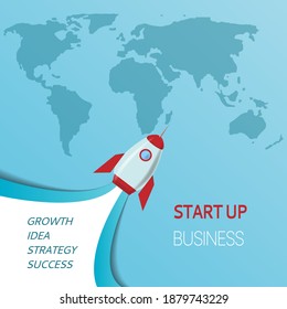 Design of a business start-up illustration. Rocket launch on the background of the world map. vector