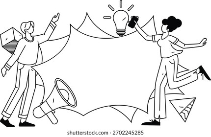 Equipo de negocios de diseño generación de ideas estrategia de marketing comunicación asociación de innovación anuncio de promoción vector ilustración de arte png