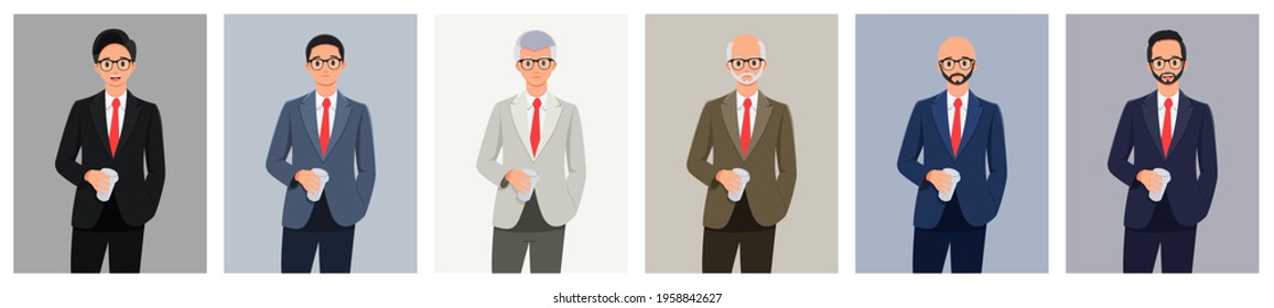 Design a businessman character with different suit colors. holding a drink cup. Happy face. Looking ahead. Vector illustration of young and old business man in a bundle set.