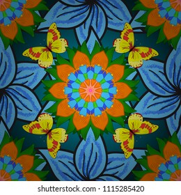 Design with butterflies. Sketch, doodle, scribble. Endless. Butterflies on a blue, orange and green background. Seamless. Vector illustration.