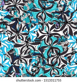 Design with butterflies. Vector illustration. Sketch, doodle, scribble. Butterflies on a blue, white and gray background. Seamless. Endless.
