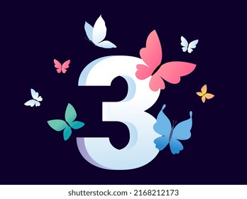 Design with butterfly and number 3 for web, site, banner, poster, print, greeting card. Vector illustration of beautiful bright butterfly with number tree on color background