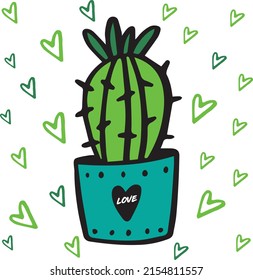 Design of Cactus Love, Green Hearts Background, Cacti Pot Lover, Vector Illustration, Cut File