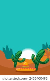 Design Cactus and Sombrero in Desert Flat Illustration