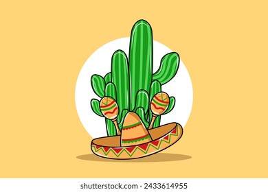 Design Cactus and Sombrero Maracas Cartoon Illustration