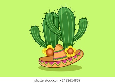 Design Cactus Yellow Flowers and Mexican Hat Cartoon illustration